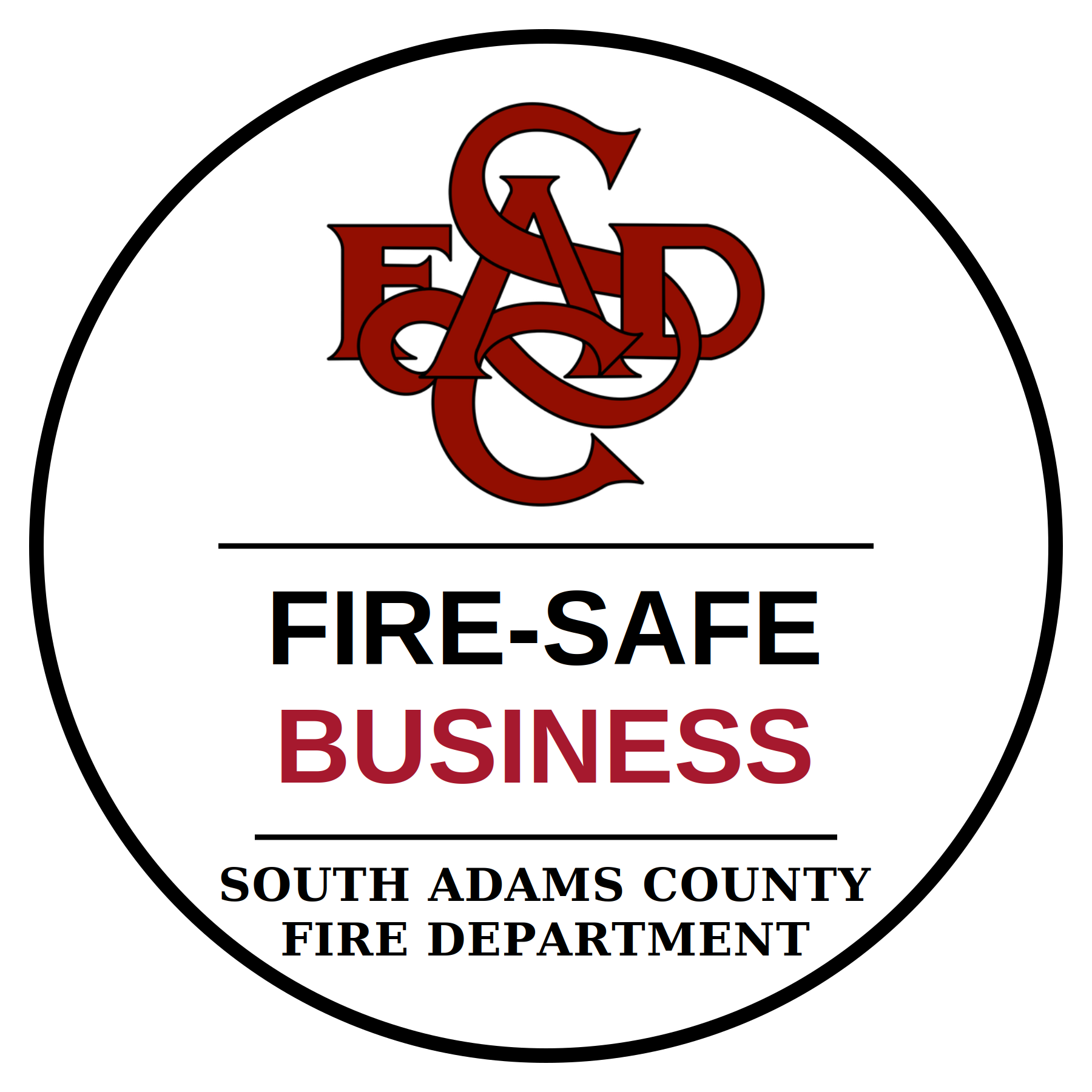 The image features a logo for the South Adams County Fire Department, promoting fire safety for businesses.