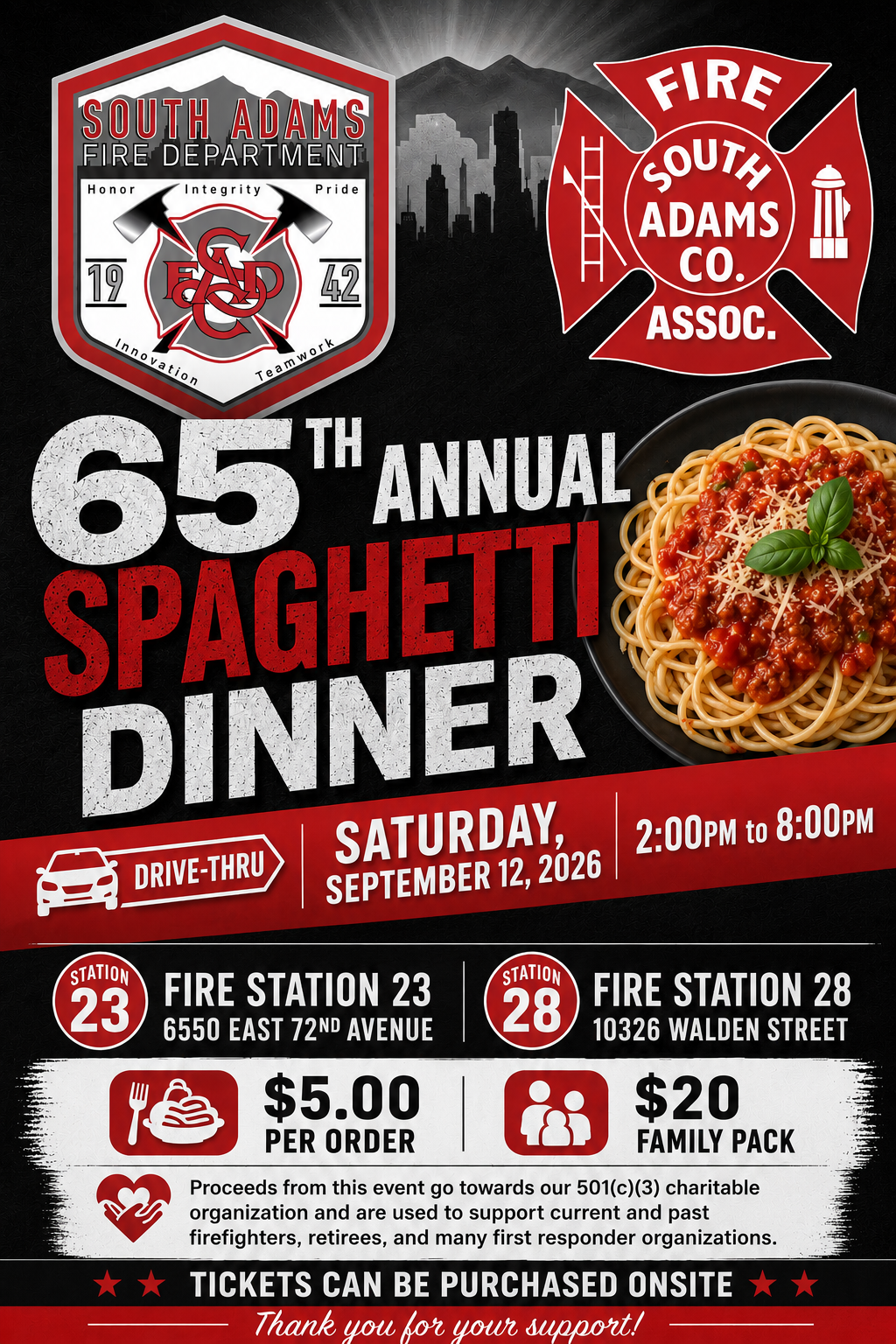 The South Adams Fire Department's 65th Annual Spaghetti Dinner is on Sept 12, 2026, from 2-8 PM. Drive-thru, $5 per order.