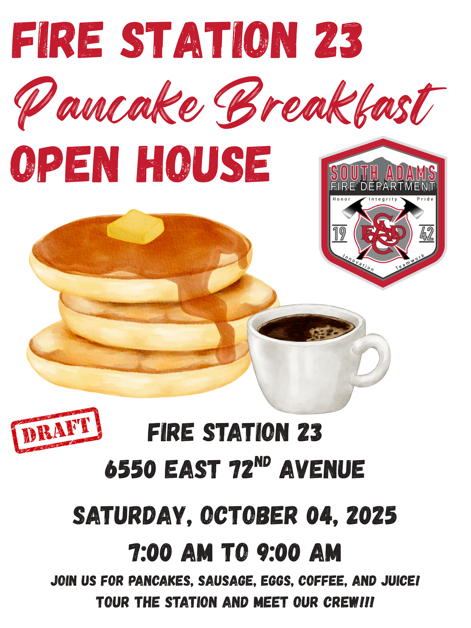 Pancake breakfast open house at Fire Station 23 on October 4, 2025, from 7-9 AM, with food and station tours.