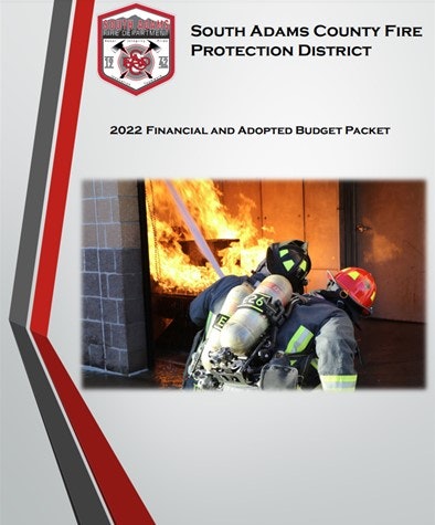 The image is a cover for the South Adams County Fire Protection District's 2022 financial and adopted budget packet.