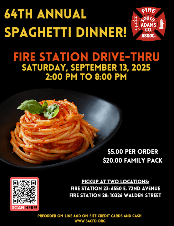 64th Annual Spaghetti Dinner at Fire Station Drive-Thru, Sep 13, 2025, 2-8 PM. $5/order, $20/family. Preorder online.