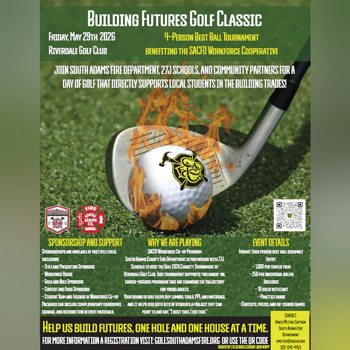 The image promotes the "Building Futures Golf Classic" on May 29, 2026, at Riverdale Golf Club, supporting local students in trades.