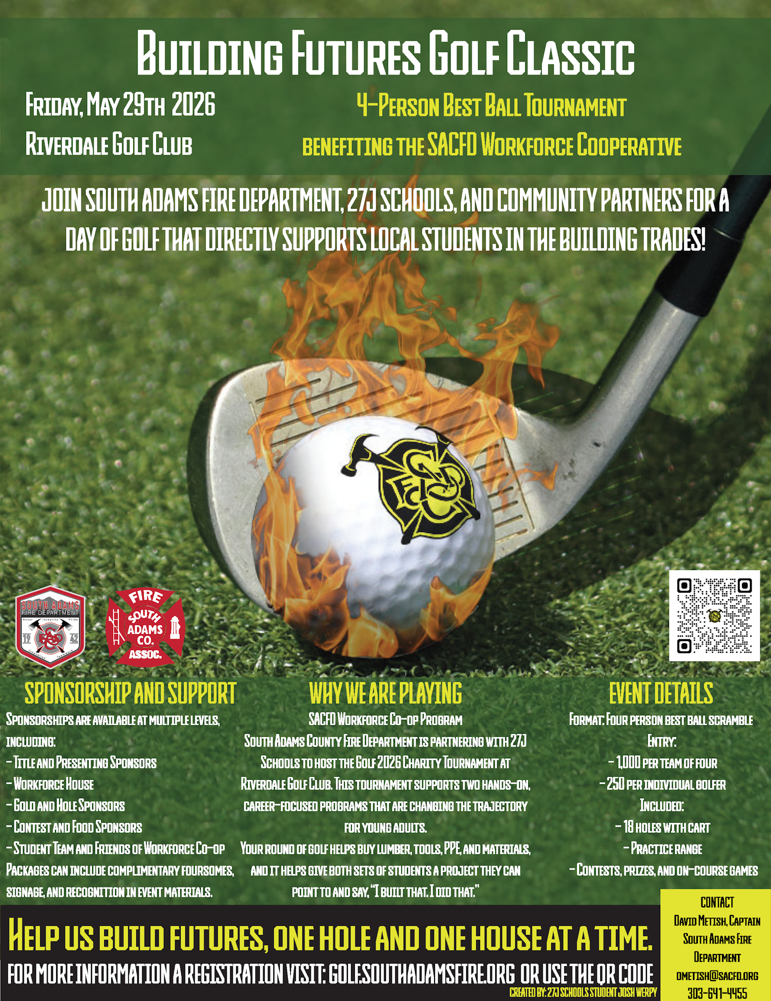 The image promotes the "Building Futures Golf Classic" on May 29, 2026, at Riverdale Golf Club, supporting local students in trades.