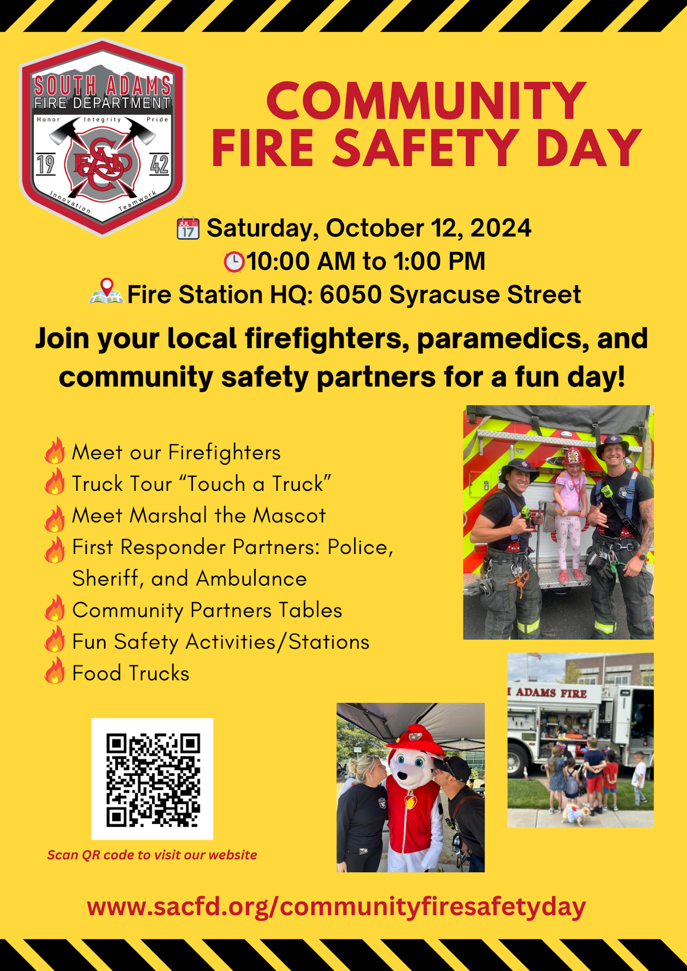 A flyer for Community Fire Safety Day featuring event details, activities, and photos with firefighters and a mascot.