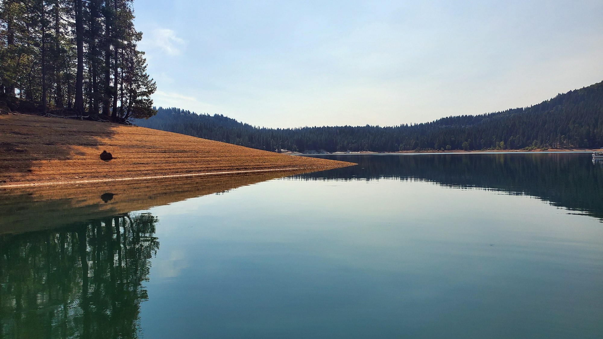 A serene lakeside scene with trees reflecting on calm water, a sloped shore, and hills in the background.
