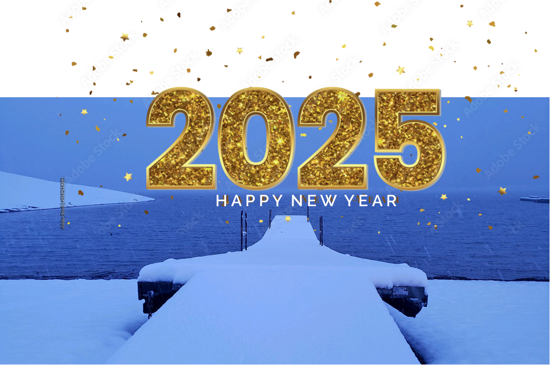 Golden "2025" with "Happy New Year" over a snowy dock by the water, with stars and confetti.