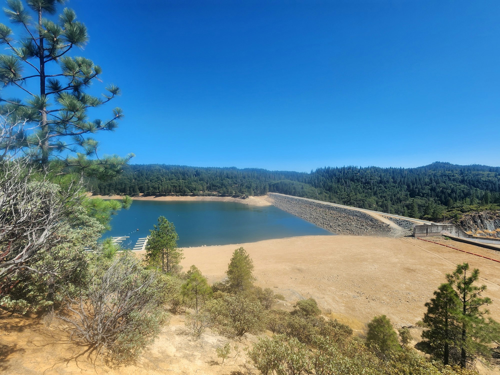 A dam with a reservoir surrounded by pine trees and forested hills under a clear blue sky.