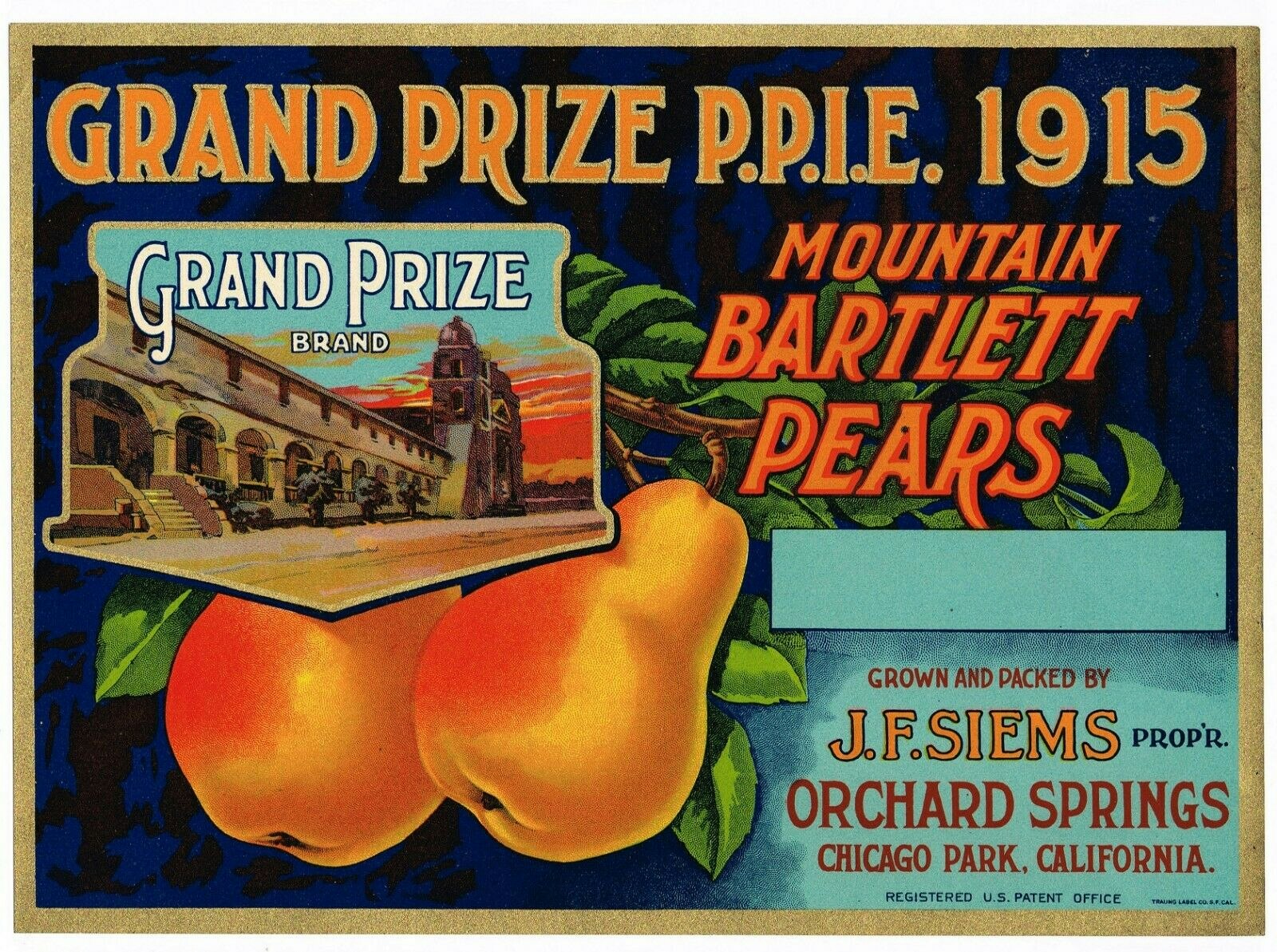 Label for Grand Prize Brand Mountain Bartlett Pears, featuring an illustration and text about J.F. Siems, Orchard Springs, California.