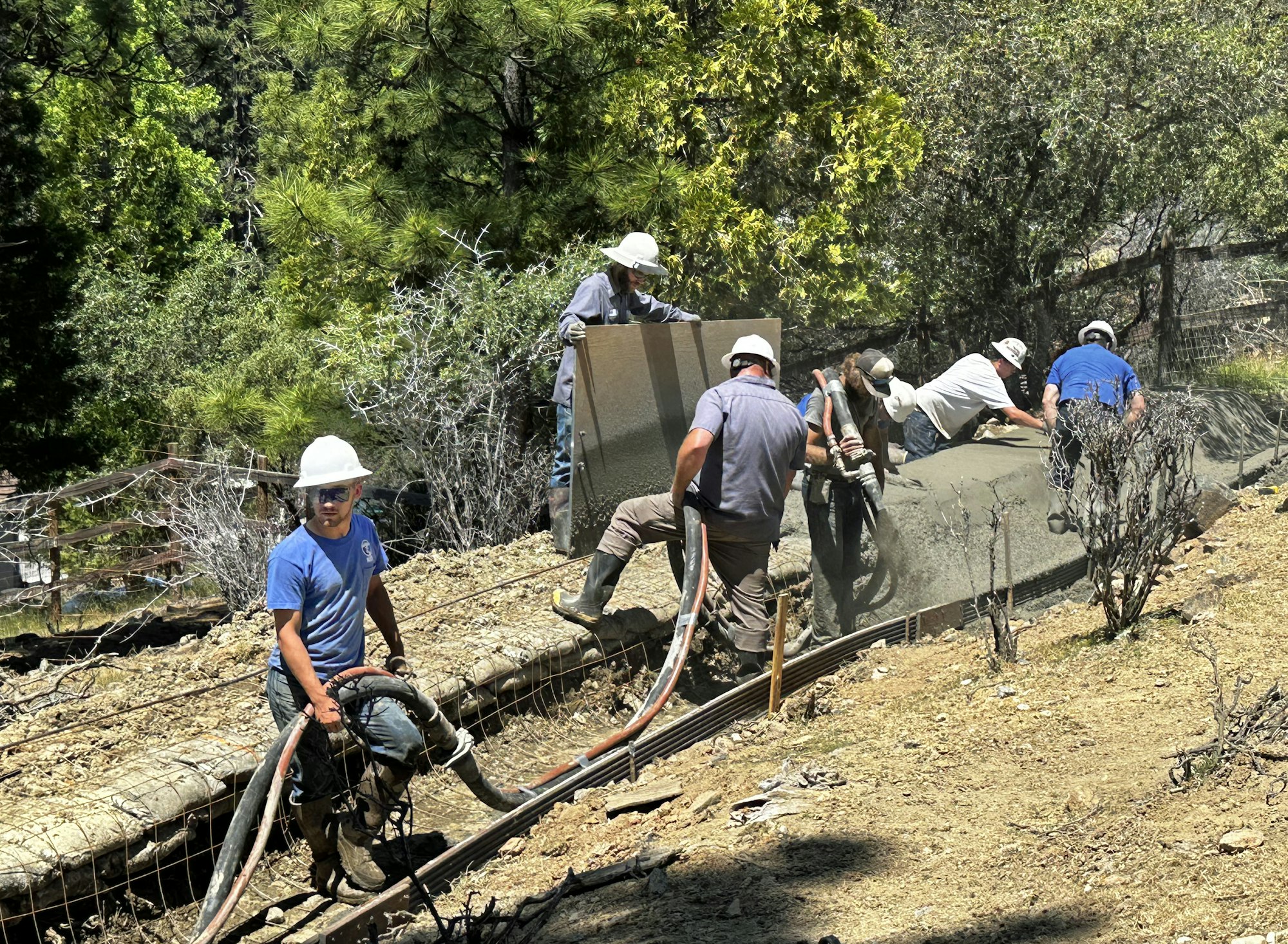 People working on construction outdoors, with tools and safety gear, in a forested area.