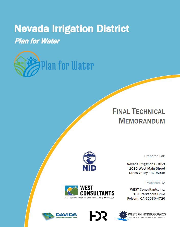 Cover of a Nevada Irrigation District document titled "Plan for Water," indicating it's a final technical memorandum.