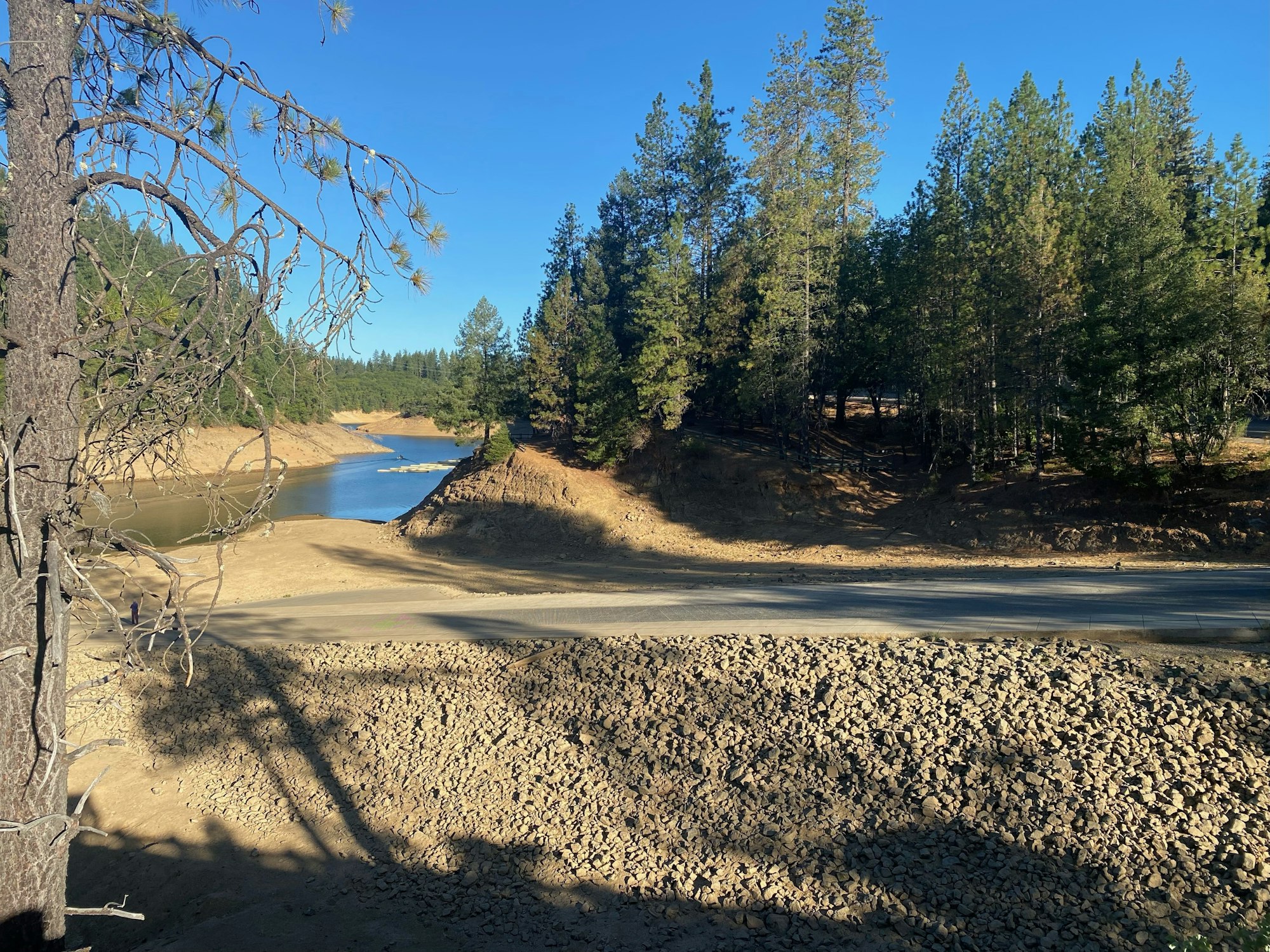 A tranquil scene with a tree-lined river, shadow-cast road, and clear blue skies.