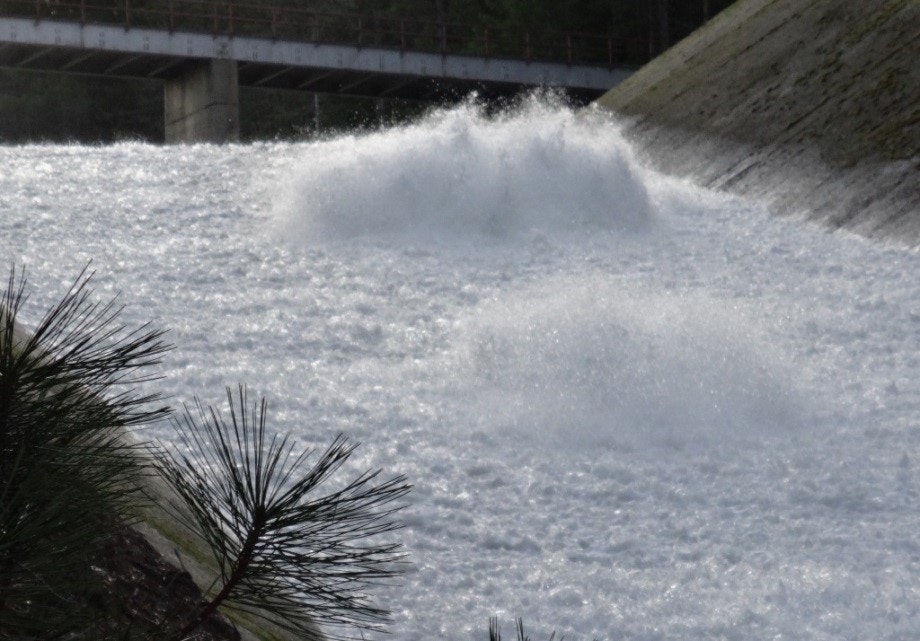 The image shows a flowing body of water with white, frothy waves near a dam, alongside some greenery.