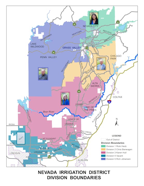 A map showing Nevada Irrigation District division boundaries with photos and names of representatives.