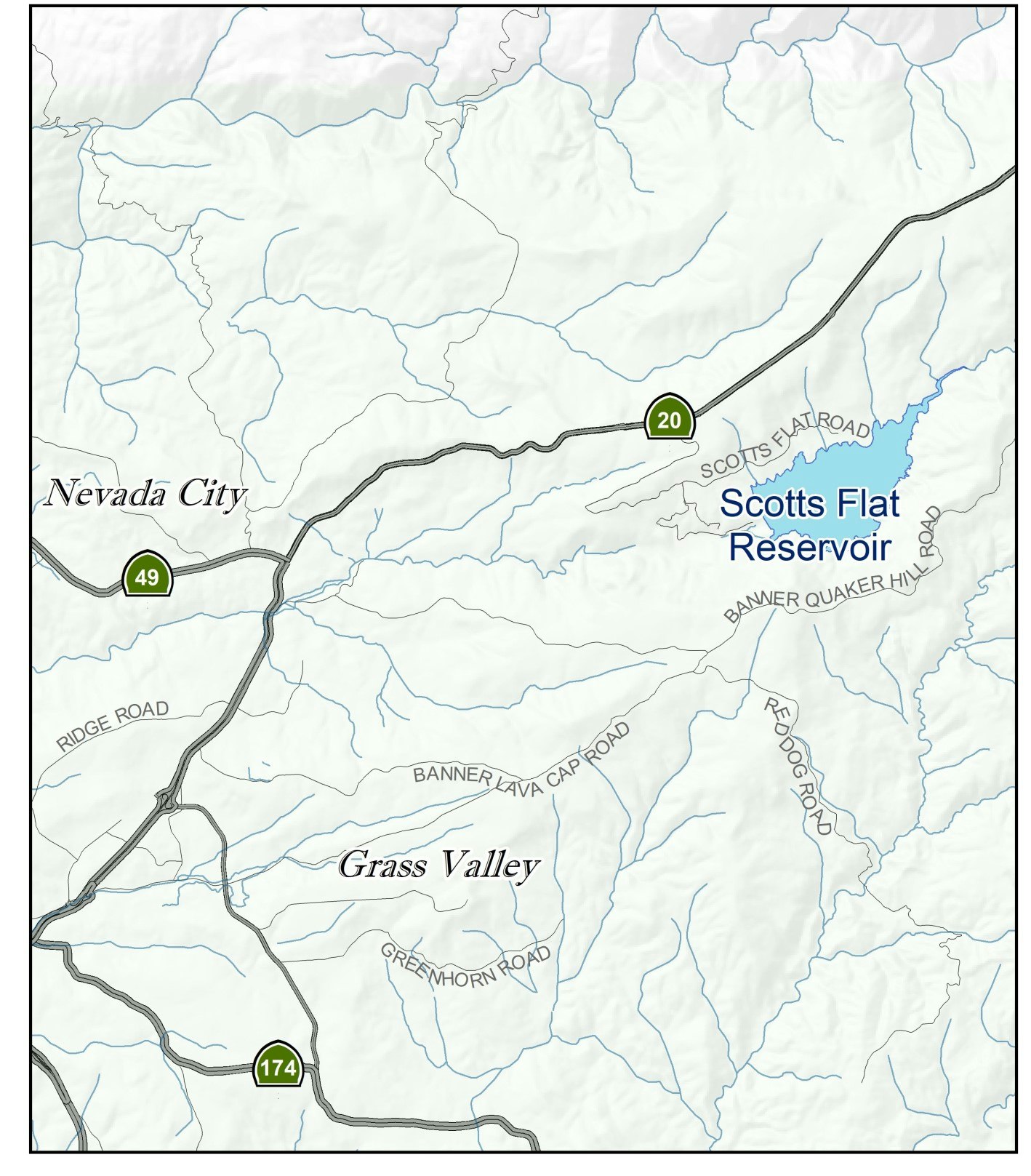 The image shows a map featuring Nevada City, Grass Valley, and Scotts Flat Reservoir, with key roads indicated.