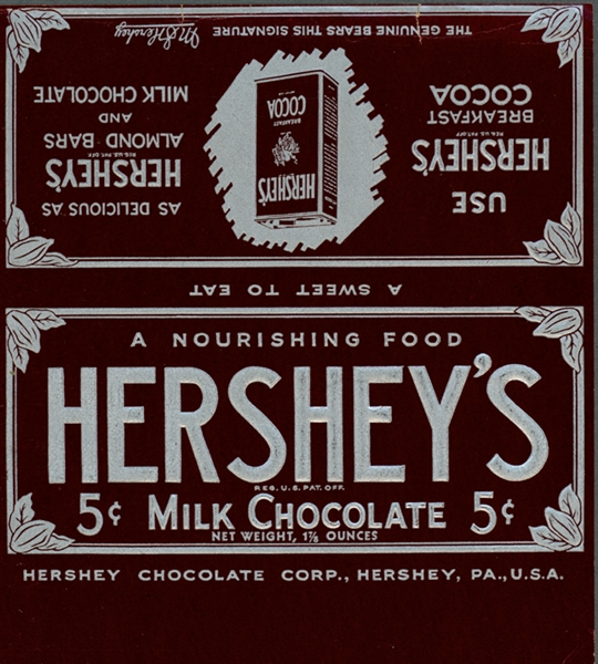 Vintage Hershey's Milk Chocolate wrapper, stating "A Nourishing Food," priced at 5¢, mentions almond bars, breakfast cocoa.
