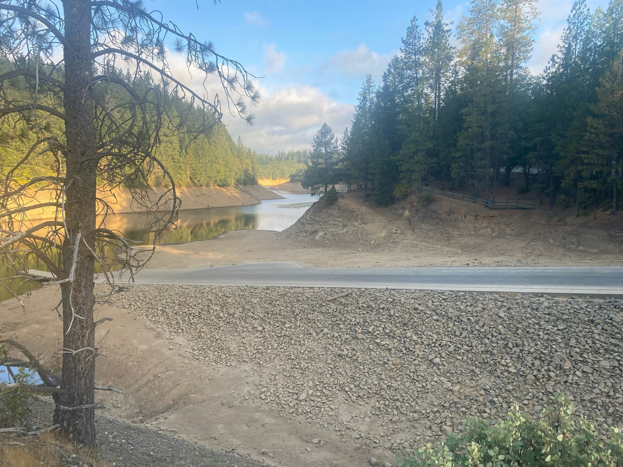 A tree in the foreground, a road, and a partially dried up riverbed surrounded by forested hills under a hazy sky.