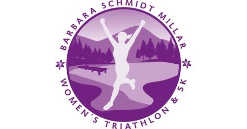 The image is a logo for the Barbara Schmidt Millar Women's Triathlon & 5K, featuring a silhouette of a runner in a natural setting.