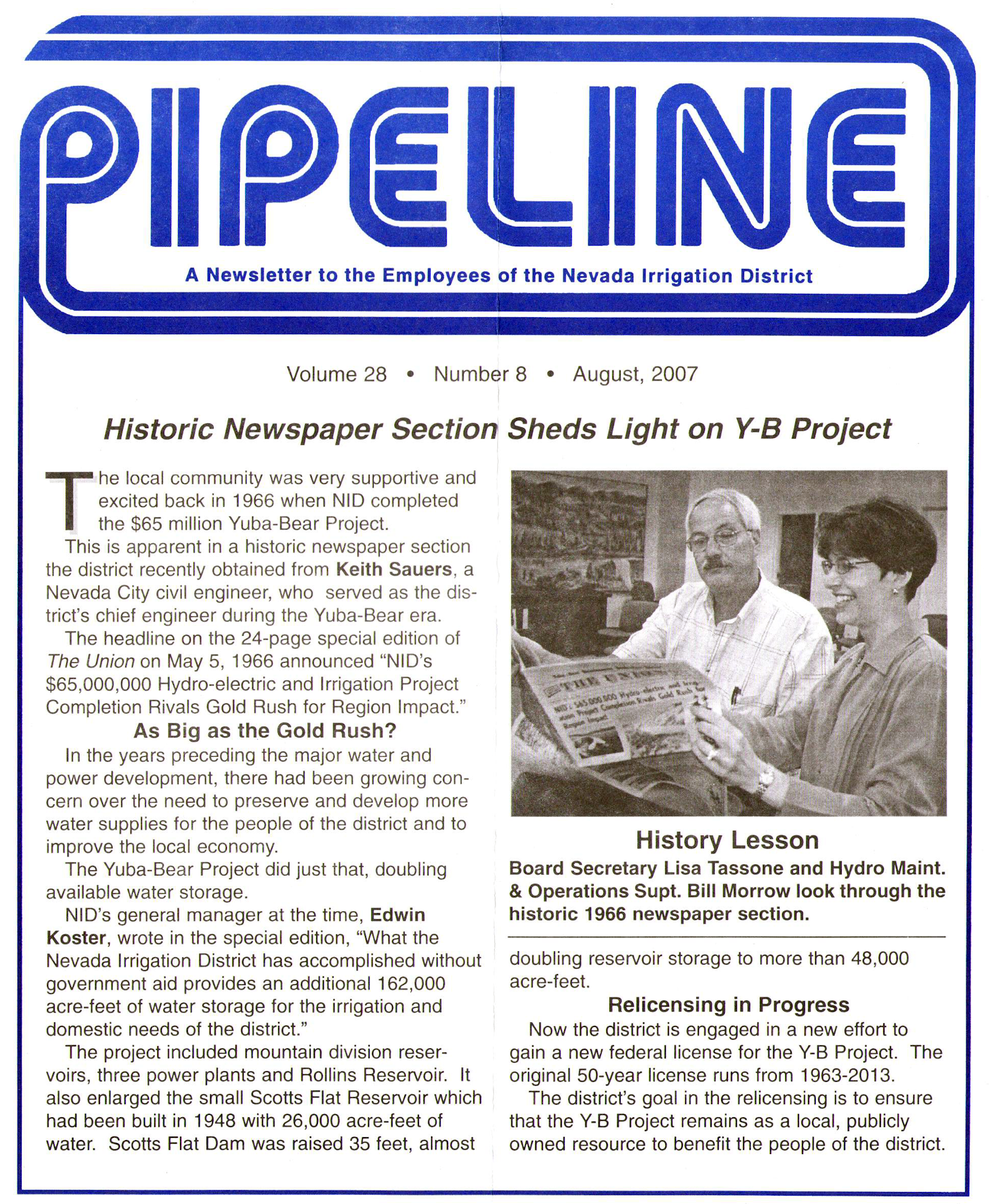 Newsletter cover for Nevada Irrigation District employees, August 2007, about Yuba-Bear project history and relicensing efforts.