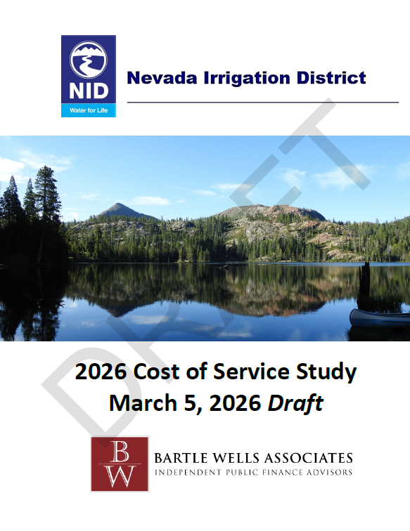 The image features a draft document for the Nevada Irrigation District's 2026 Cost of Service Study, dated March 5, 2026.