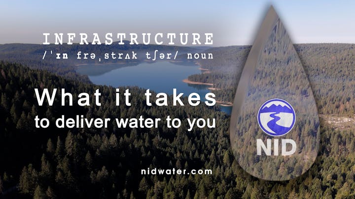 A water reservoir in a forest setting with a text overlay about infrastructure, promoting water delivery.