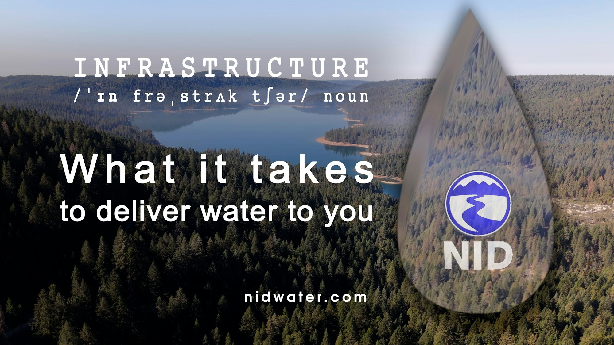 A water reservoir in a forest setting with a text overlay about infrastructure, promoting water delivery.