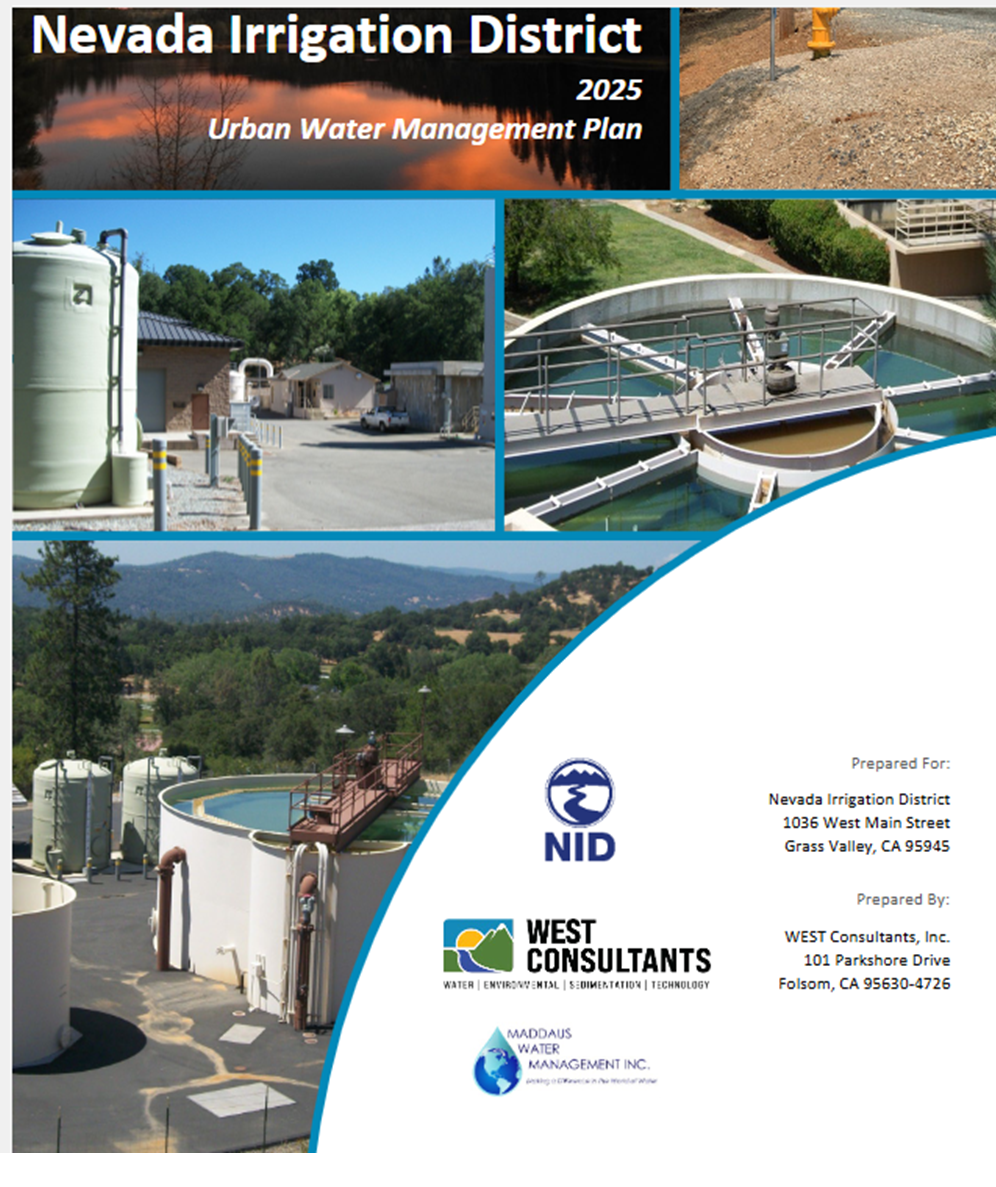 The image displays the cover of the 2025 Urban Water Management Plan for the Nevada Irrigation District, featuring various water facilities.