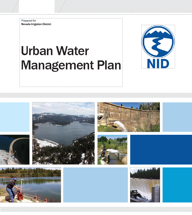 The image is a cover for the "Urban Water Management Plan" prepared for the Nevada Irrigation District, featuring water-related visuals.