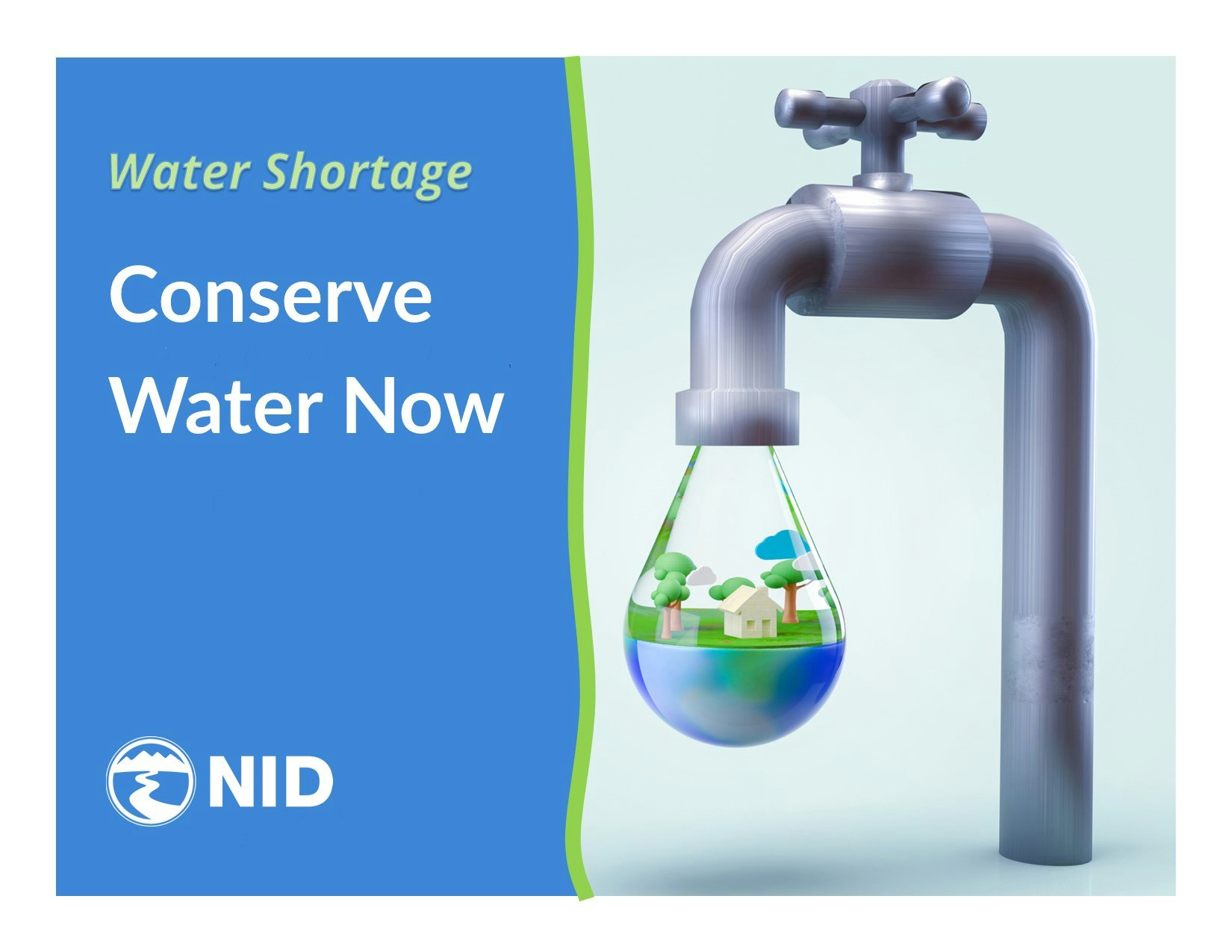 A graphic of a faucet with a drop of water containing a miniature green landscape, and texts urging water conservation due to shortage.