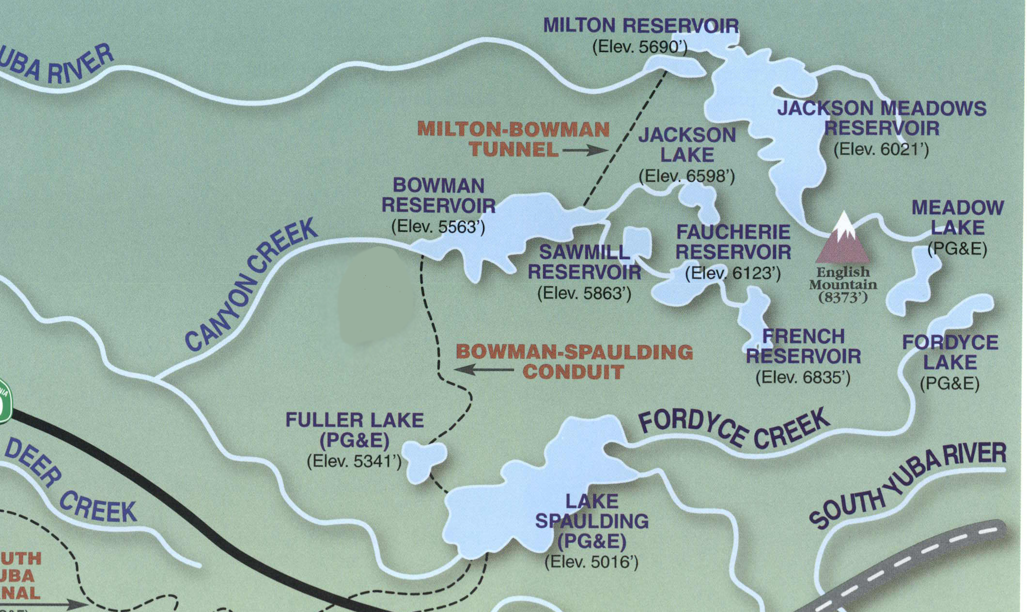 Map showing reservoirs and lakes around Canyon Creek and Deer Creek, including elevations and landmarks like English Mountain.