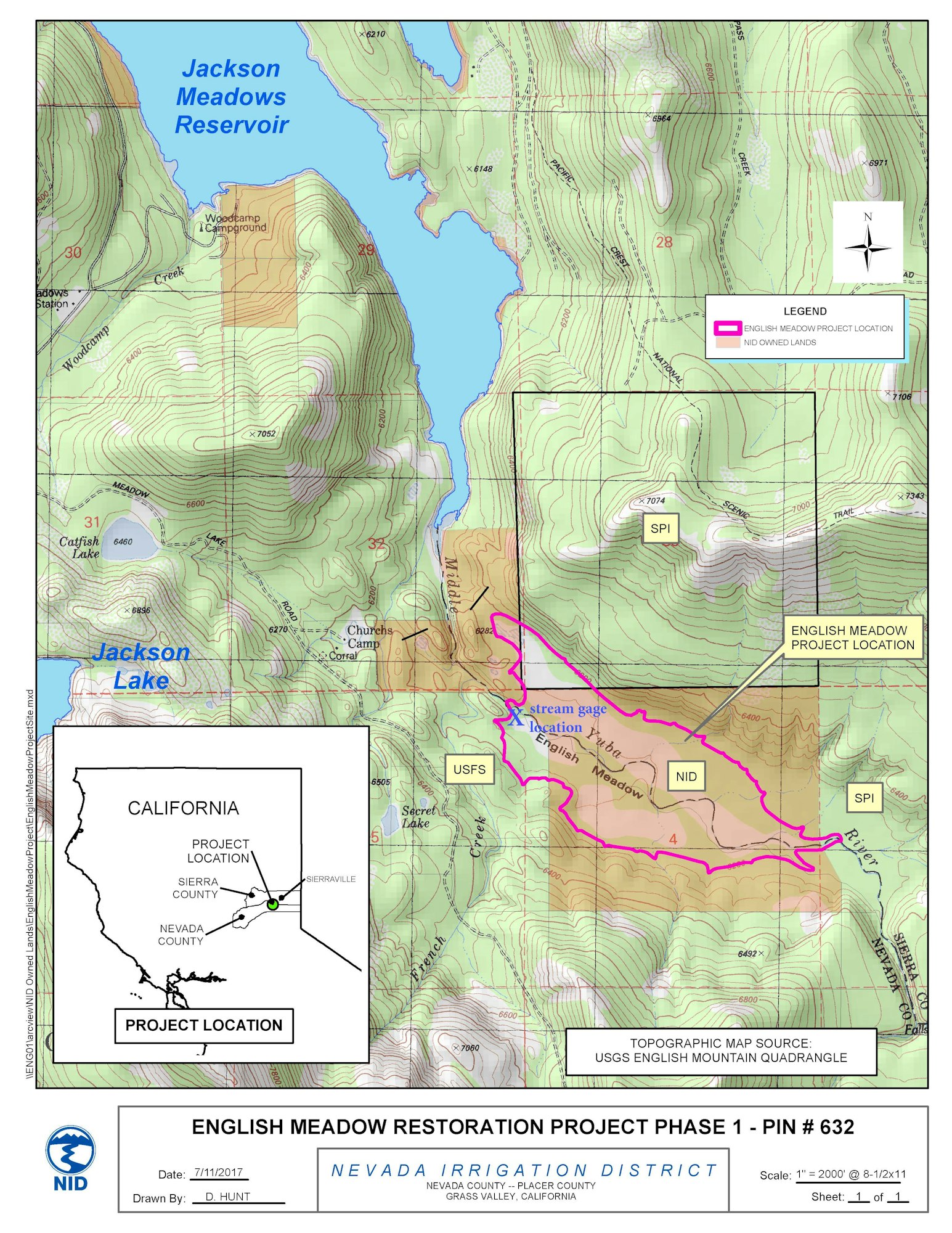 Map of the English Meadow Restoration Project in California, showing project location, topography, and geographic features.