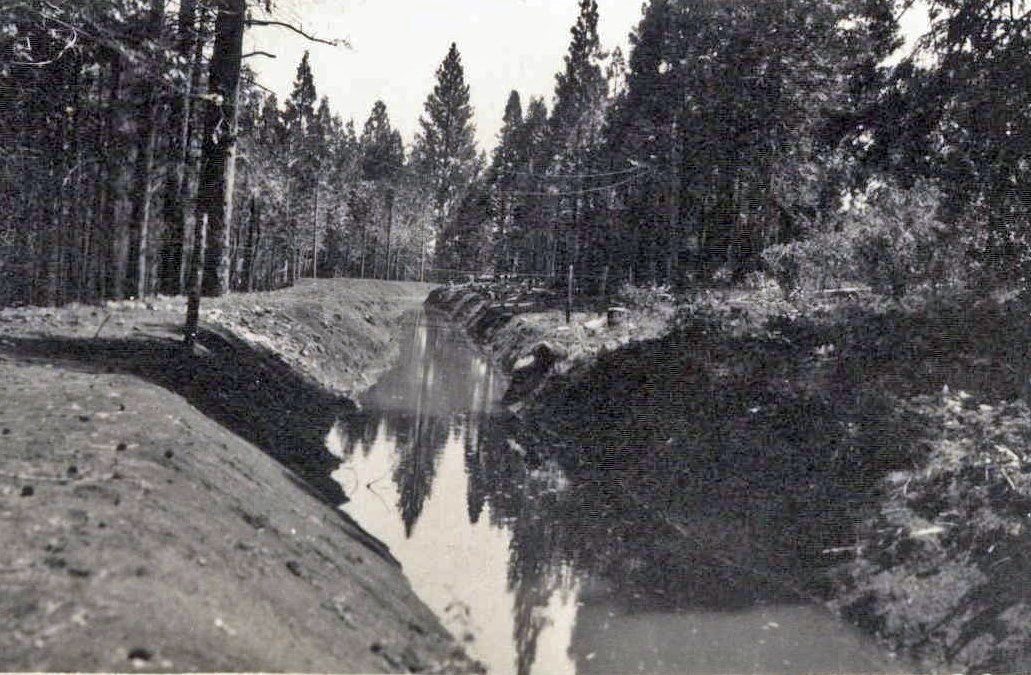 A narrow, tree-lined canal or waterway reflecting surrounding trees.