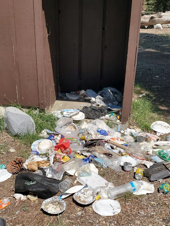 Scattered trash with cans, bottles, paper plates, and plastic littering the ground by a wooden structure.