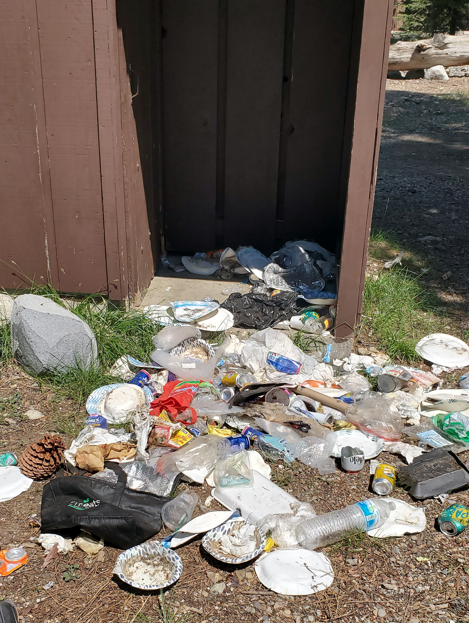 Scattered trash with cans, bottles, paper plates, and plastic littering the ground by a wooden structure.