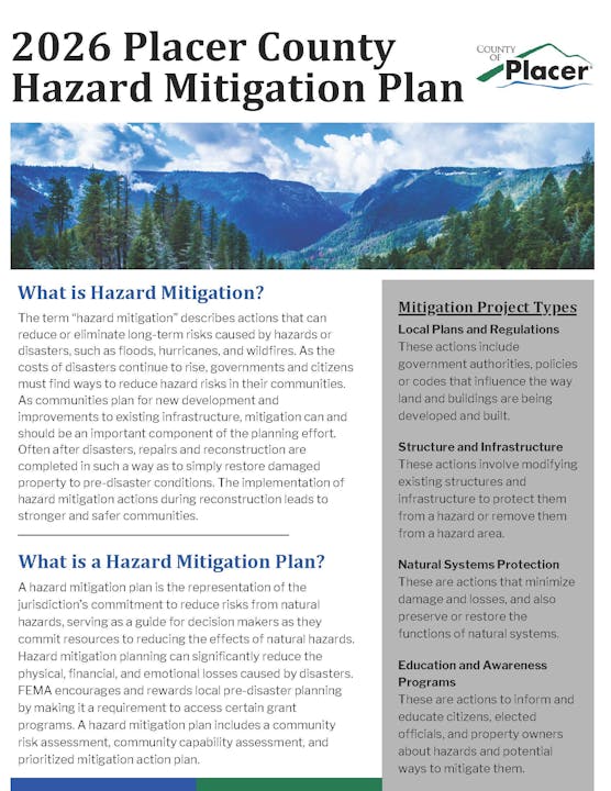 2026 Placer County Hazard Mitigation Plan overview, including definitions, project types, and goals to mitigate risks from natural hazards.