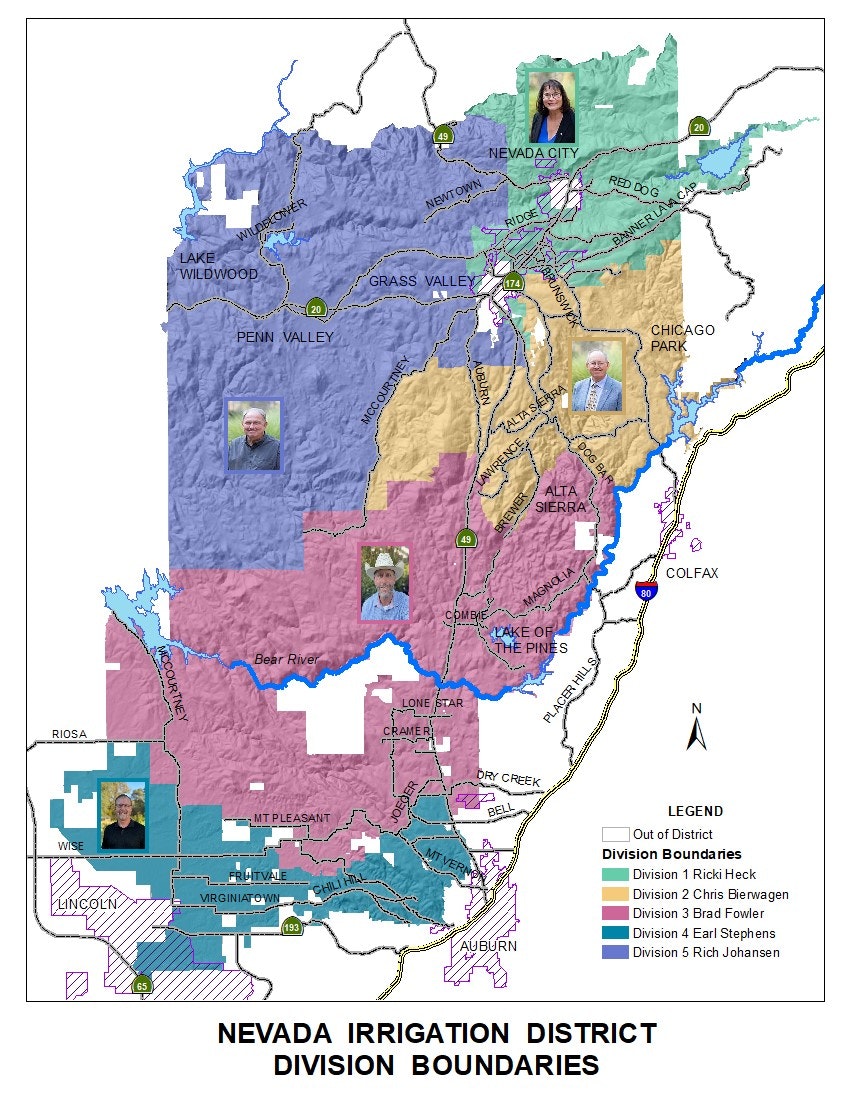 Map of Nevada Irrigation District division boundaries with photos of board members.