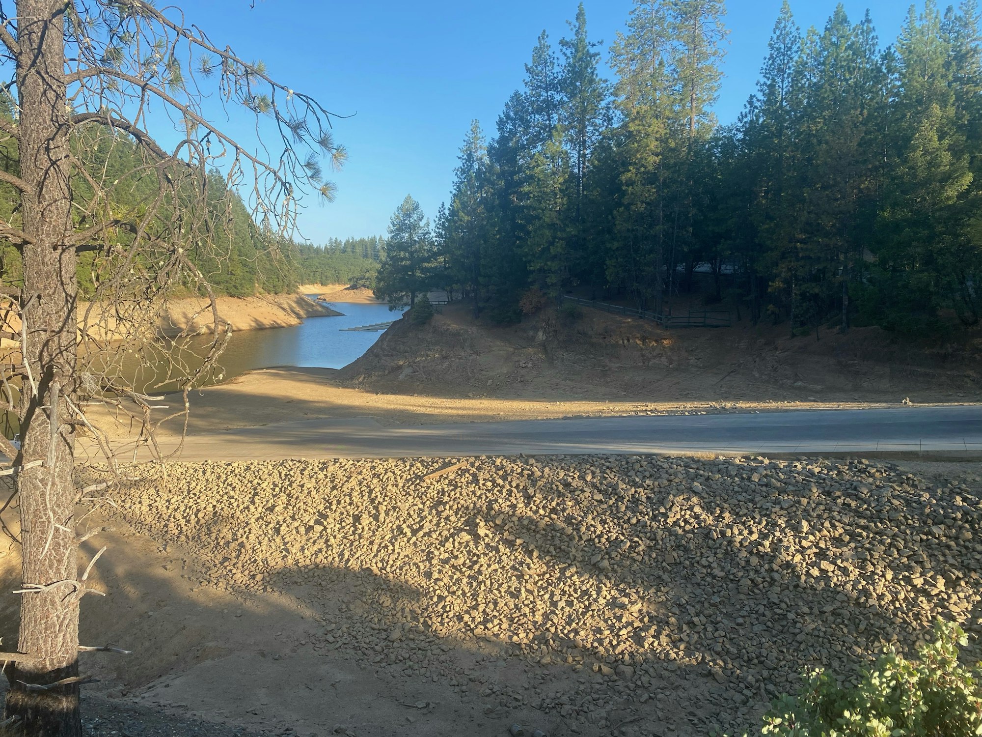 A road beside a body of water with trees and a rocky shore under a clear sky.