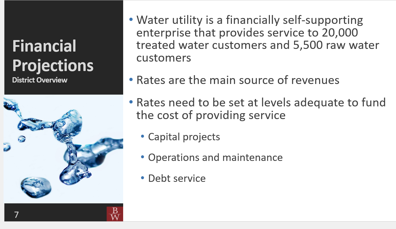 It discusses the financial projections for a water utility, including customer base, revenue sources, and funding for services.