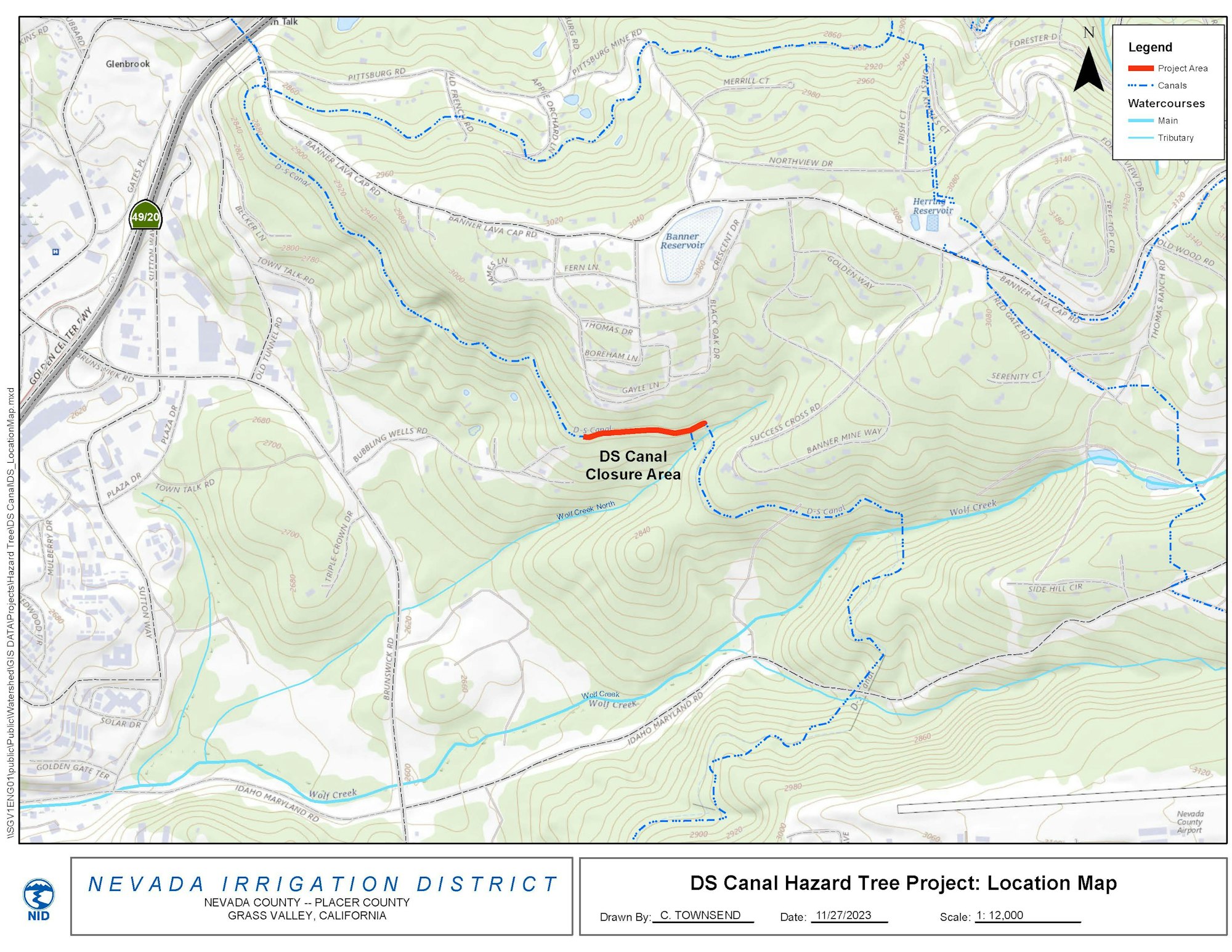 Map showing the DS Canal Closure Area related to the Hazard Tree Project in Grass Valley, California, with nearby watercourses.