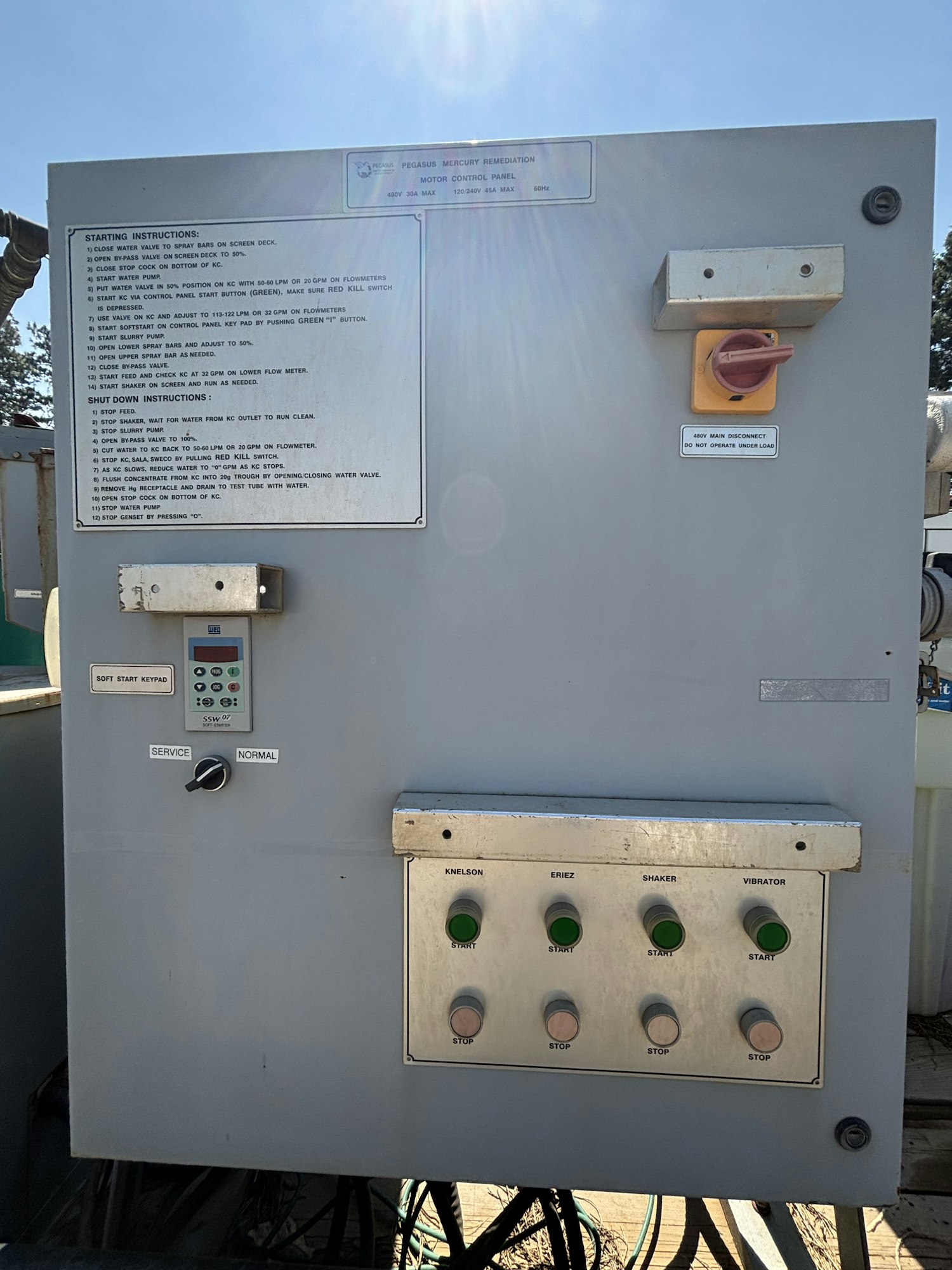 The image shows a motor control panel with instructions for starting and stopping equipment, including buttons for various functions.