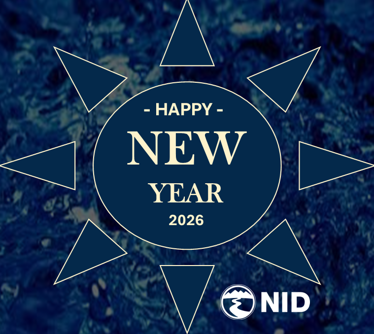 A celebratory graphic wishing a "Happy New Year 2026" with a blue background and star-like designs surrounding the text.