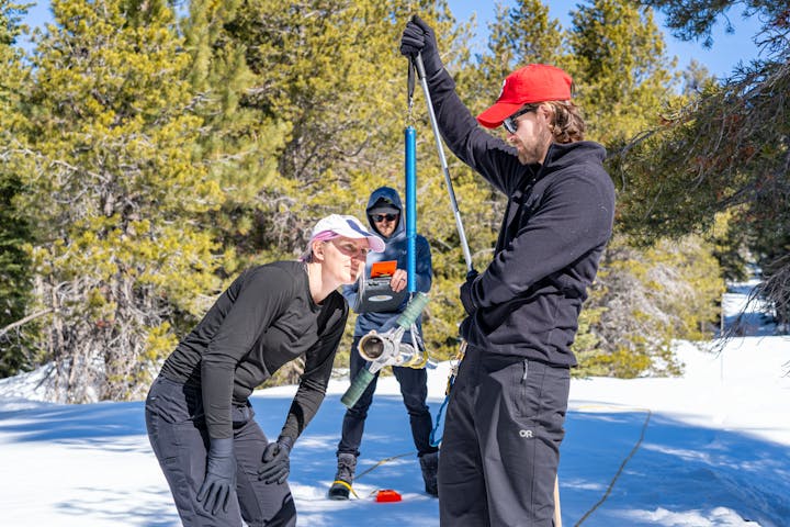 Three people measuring snow depth in a snowy forest with equipment.