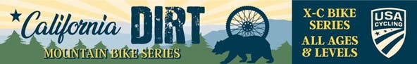 California Dirt Mountain Bike Series banner with a bear and sun, featuring USA Cycling logo.