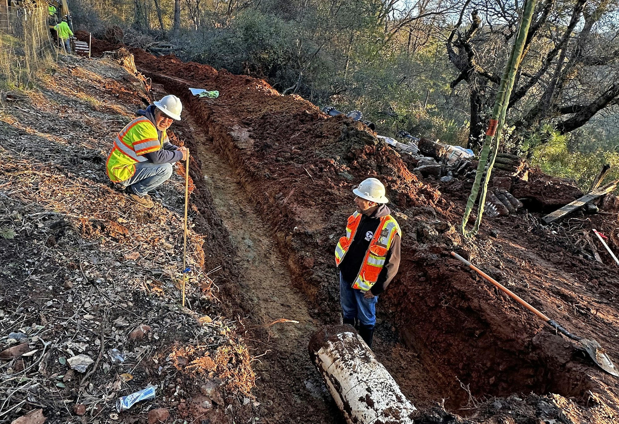Construction workers in orange vests and hard hats standing by a freshly dug trench in a forested area.