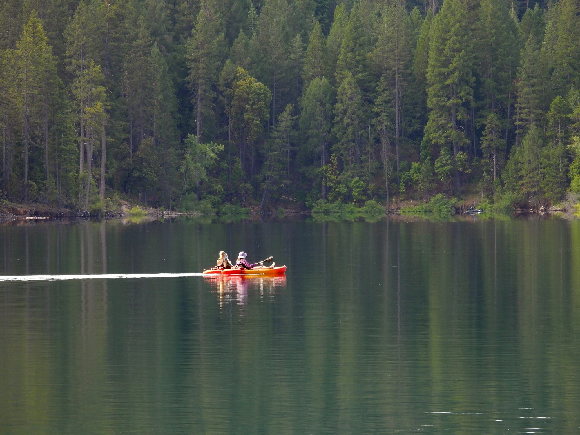 Two people kayaking on a calm forest-lined lake.