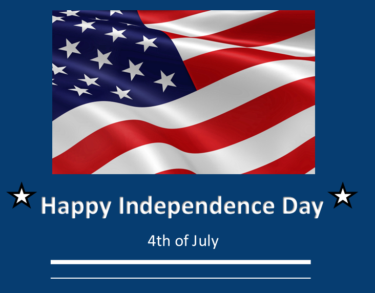 A festive graphic featuring the American flag with "Happy Independence Day" and "4th of July" text.