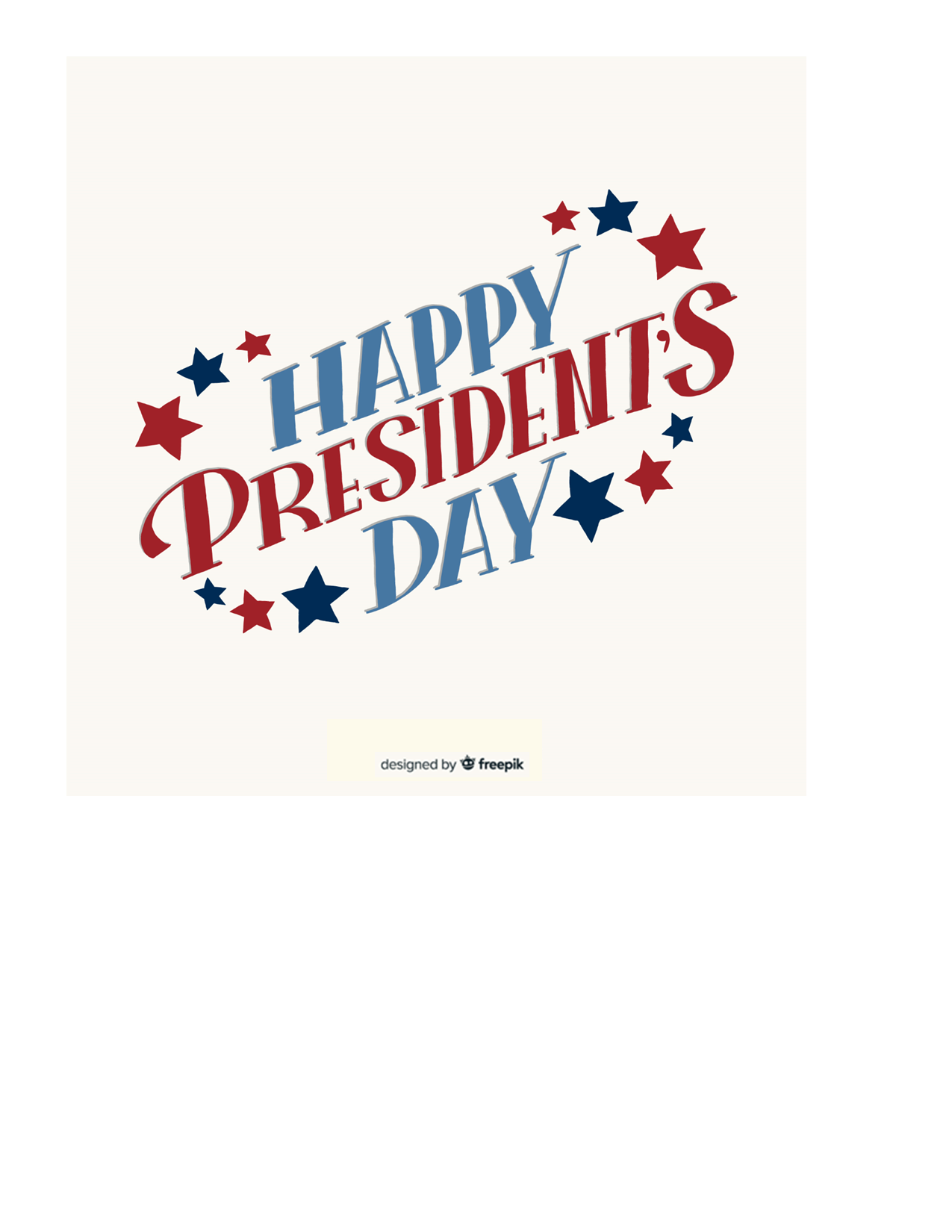 The image features a festive design saying "Happy President's Day" with stars in red and blue colors.