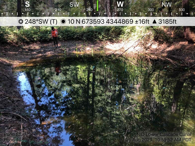 A person in an orange shirt stands near a pond surrounded by trees, with coordinates and time noted.