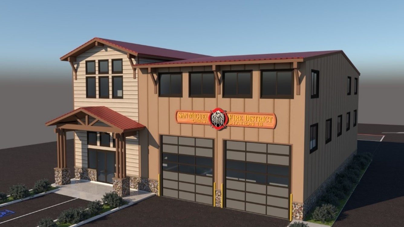 3D render of a two-story fire station with dual garage doors.