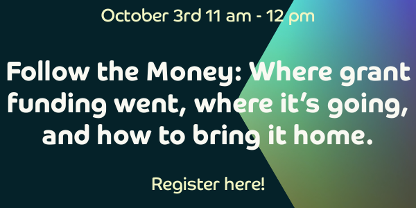 An ad for a grant funding event on October 3rd from 11 am to 12 pm, inviting people to register.