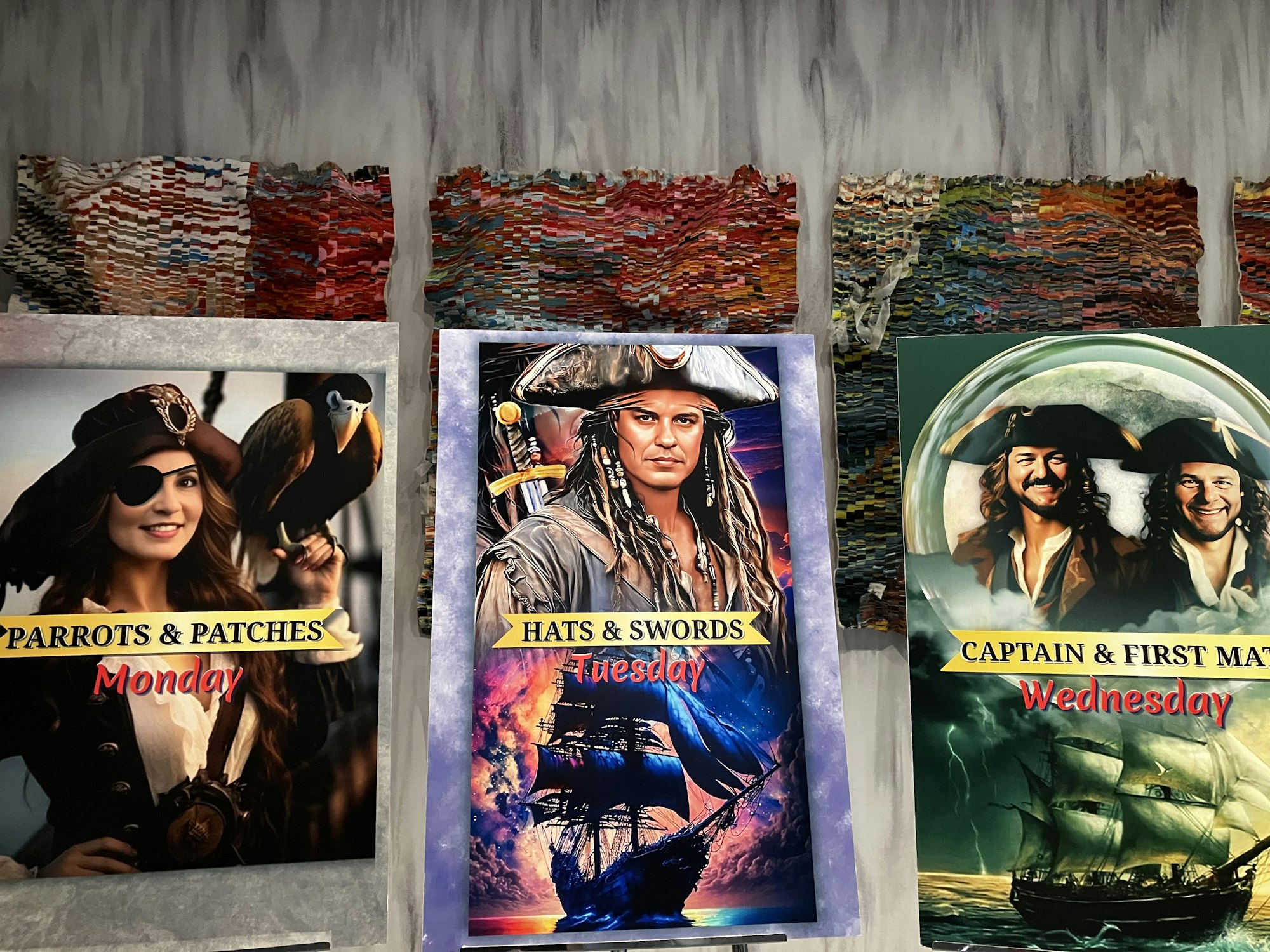 Three pirate-themed posters for themed days: Monday "Parrots & Patches," Tuesday "Hats & Swords," Wednesday "Captain & First Mate."